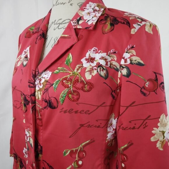 Nancy Bolen City Girl | Red Cherry Print Beaded Blazer Jacket | Size 8 - Picture 4 of 10